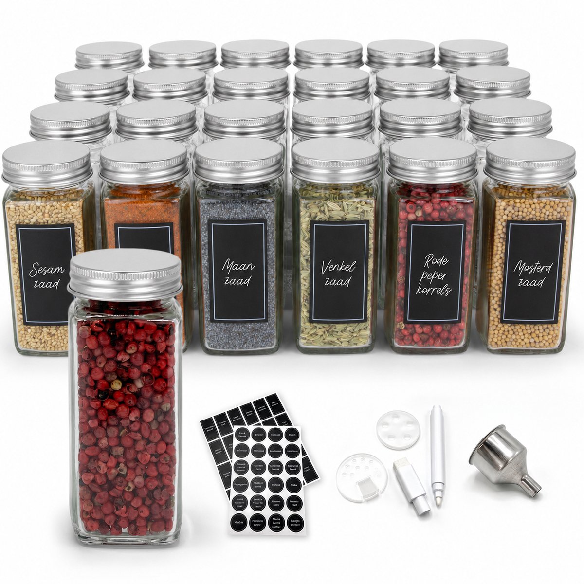 George Napoli 24 Kruidenpotjes - Glas - Spice jar - Vierkant - Aluminium deksel - 48 Strooideksels & 240 stickers