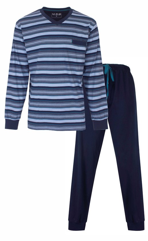 MEQ Heren Pyjama - V hals - Zijzakken - Gestreept - Blauw - Maat XXL