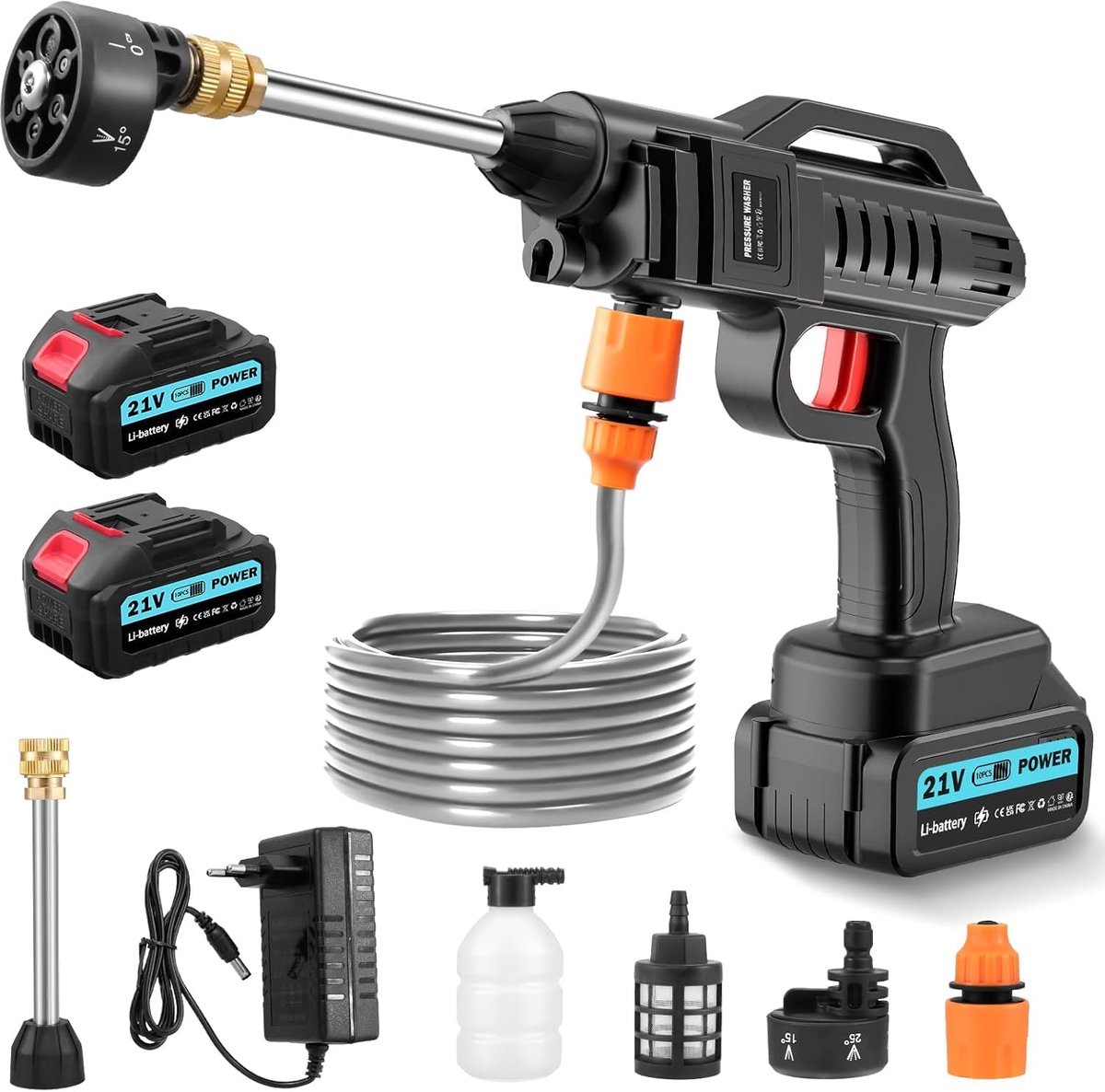 Accu-Hogedrukreiniger - 21 V 100 Bar Hogedrukpistool - Waterpistool - Draagbare Hogedrukreiniger - Autowas Met 6-In-1 Multifunctionele Sproeier 2 Accu's 5m Slang Voor Auto Terras Raam Zwembad