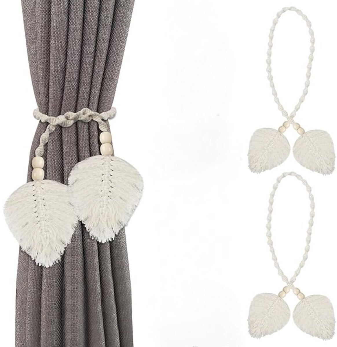 Tweedelige gordijnbinder, handgeweven katoenen gordijnbinder, gordijnbinder in bohemian stijl Geschikt voor binnen, beige gordijnclips, voor voor woonkamer, slaapkamer en badkamer.