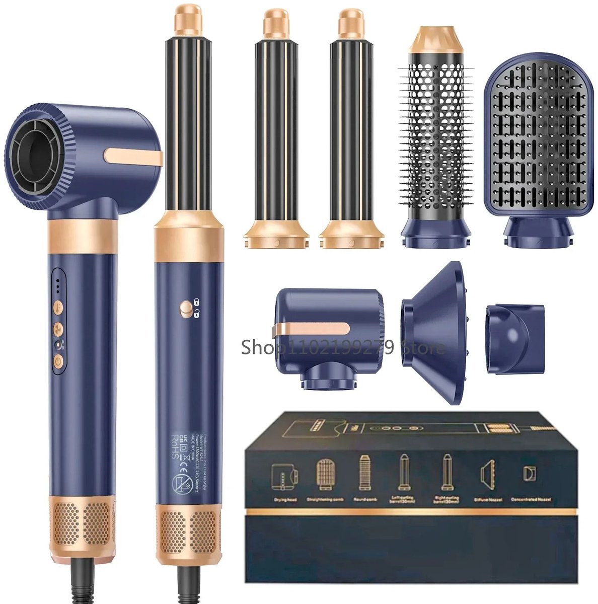 UFTA 7-in-1 Multistyler Haarstyler Set - Borstelloze Föhn Krultang & Stijlkam - 200M Ionen 1400W - 3 Temperatuurstanden - Blauw