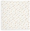 Witte hydrofiele doek met een patroon van kleine beige en blauwe dierenkoppen: konijnen, beren, olifanten en nijlpaarden.