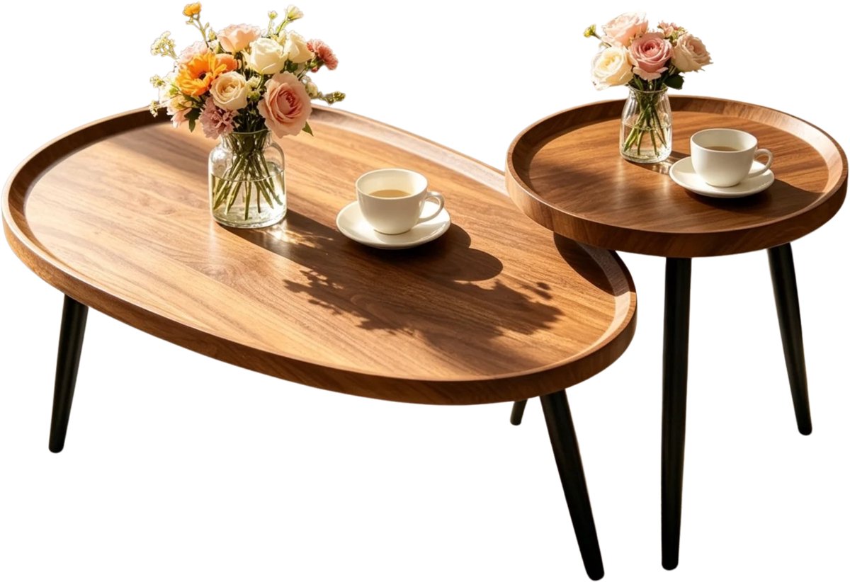 Stervia Salontafels Set Van 2 - Bijzettafels Hout - Salontafels Rond En Druppelvorm - Laadvermogen 30 KG en 50 KG - Bruin - 80x55x38cm/40x47,5 cm Zwart