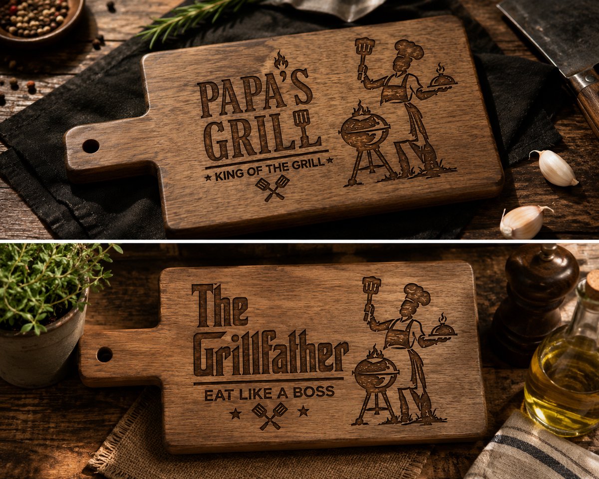 The Grillfather Gegraveerde Houten Snijplank – BBQ Cadeau Vader – Verjaardag Cadeau voor Mannen – Borrelplank Hout 29 x 14 x 1,5 cm – Vaderdag Cadeau
