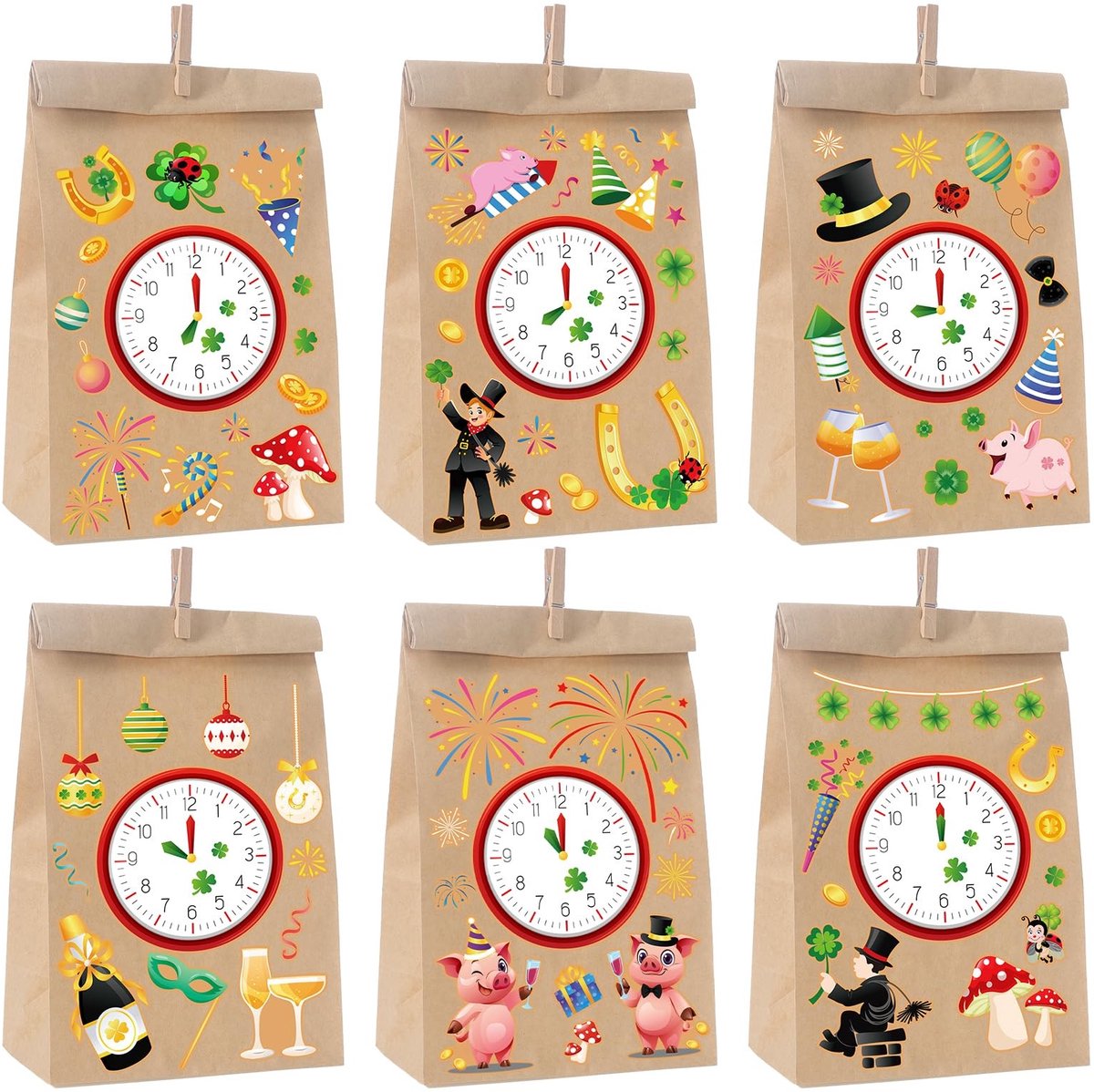 Dailygoods- Countdown Zakken 6 Stuks - Geluksbrenger - Stickerklemmen - Feestcadeau - Nieuwjaarscadeau - Oudejaarsavondspel - Feestzakjes