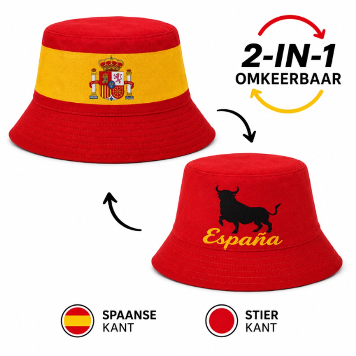 Spaanse Bucket Hat – Omkeerbaar Supportershoedje Spanje – Rood Geel met Spaanse Vlag – WK, EK, Voetbal, Festival & Evenementen