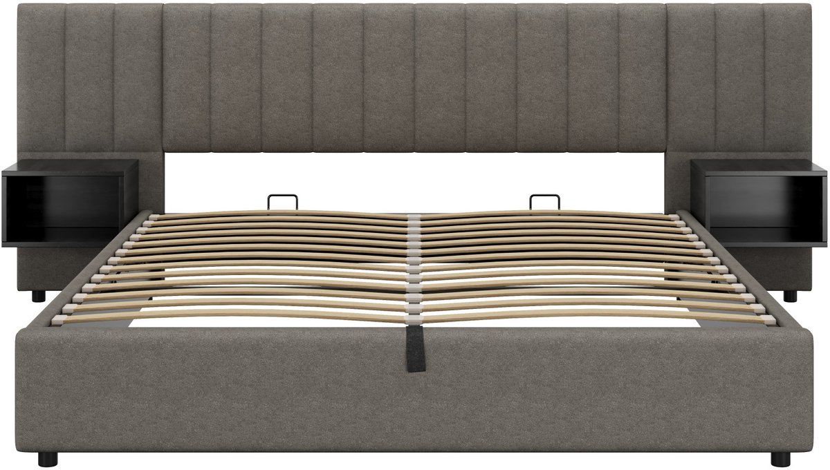 COVREO Bed 180x200 cm grijs zwart, stof met opbergruimte en 2 nachtkastjes