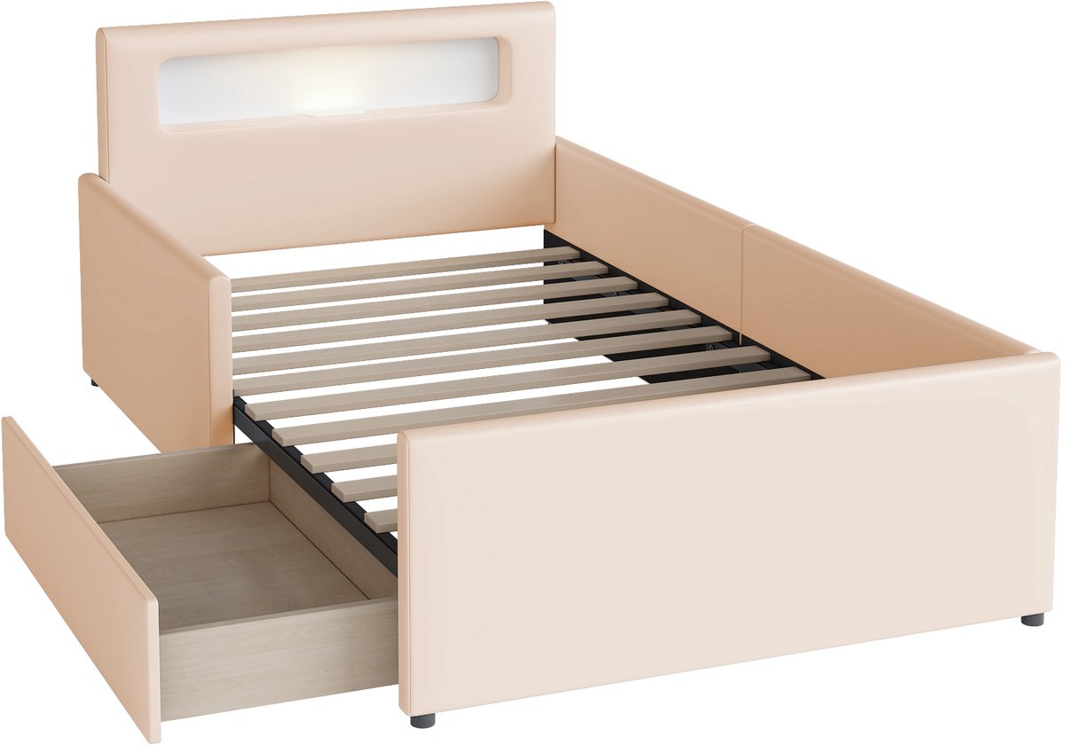 COVREO Kinderbed 90x200 cm beige kunstleer met nachtlampje, USB en opberglades