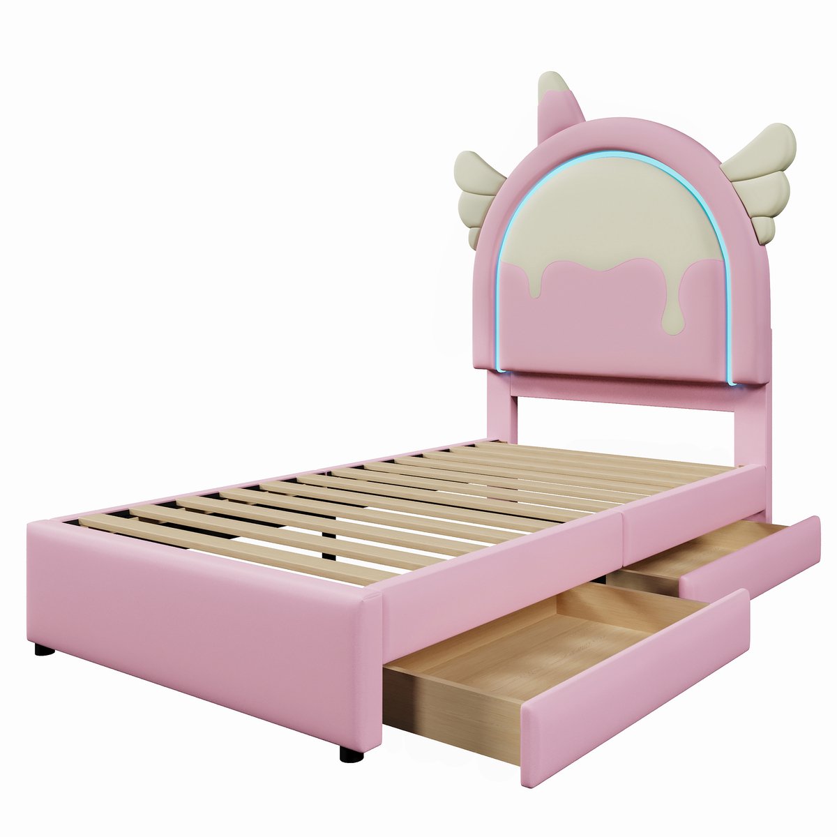 COVREO Bed 90x200 cm - roze kunstleer en MDF, met lichtstrip en 2 opberglades