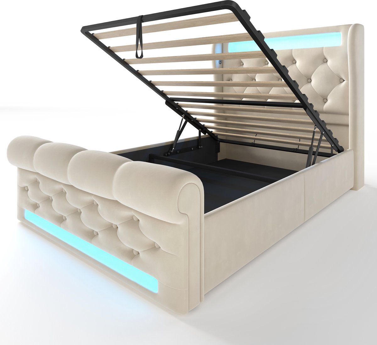 COVREO Bed 90x200 cm 96 cm beige velours, LED, opbergruimte, met matras