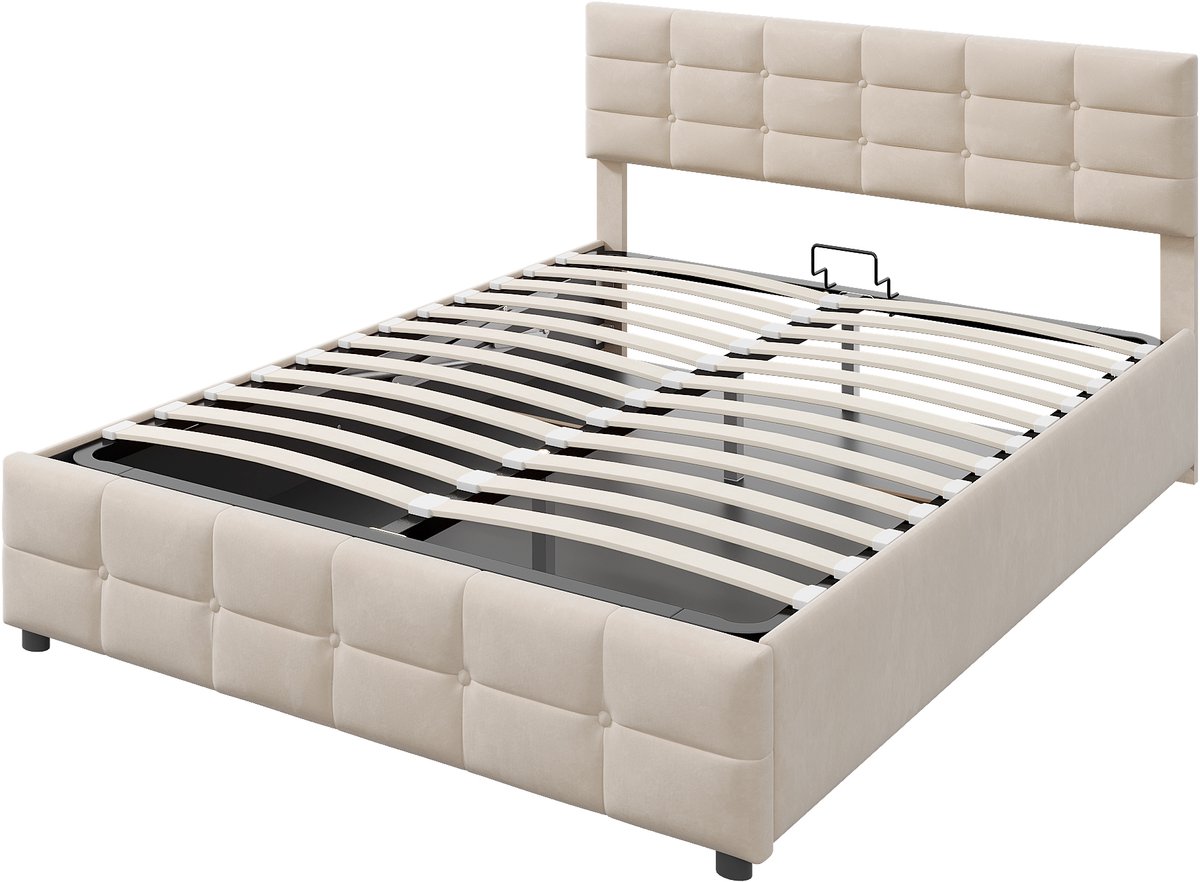 Gestoffeerd bed van 180 x 200 cm, lattenbodem, hydraulisch verstelbaar eenpersoonsbed, bekleed met Nederlands fluweel, beige.
