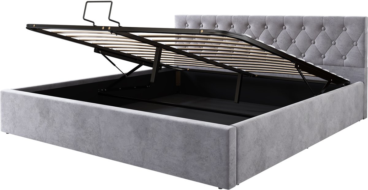 COVREO Gestoffeerd bed met hydraulische opbergruimte – 180x200 cm – Tweepersoonsbed van velours – geknoopt hoofdeinde – Grijs - zonder matras Gray