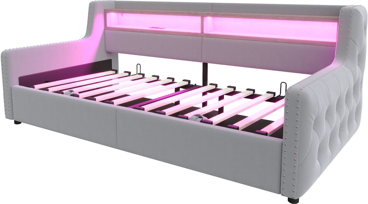 COVREO Slaapbank 90 x 200 cm - hellgrau, opbergruimte, LED, zonder matras Light Gray