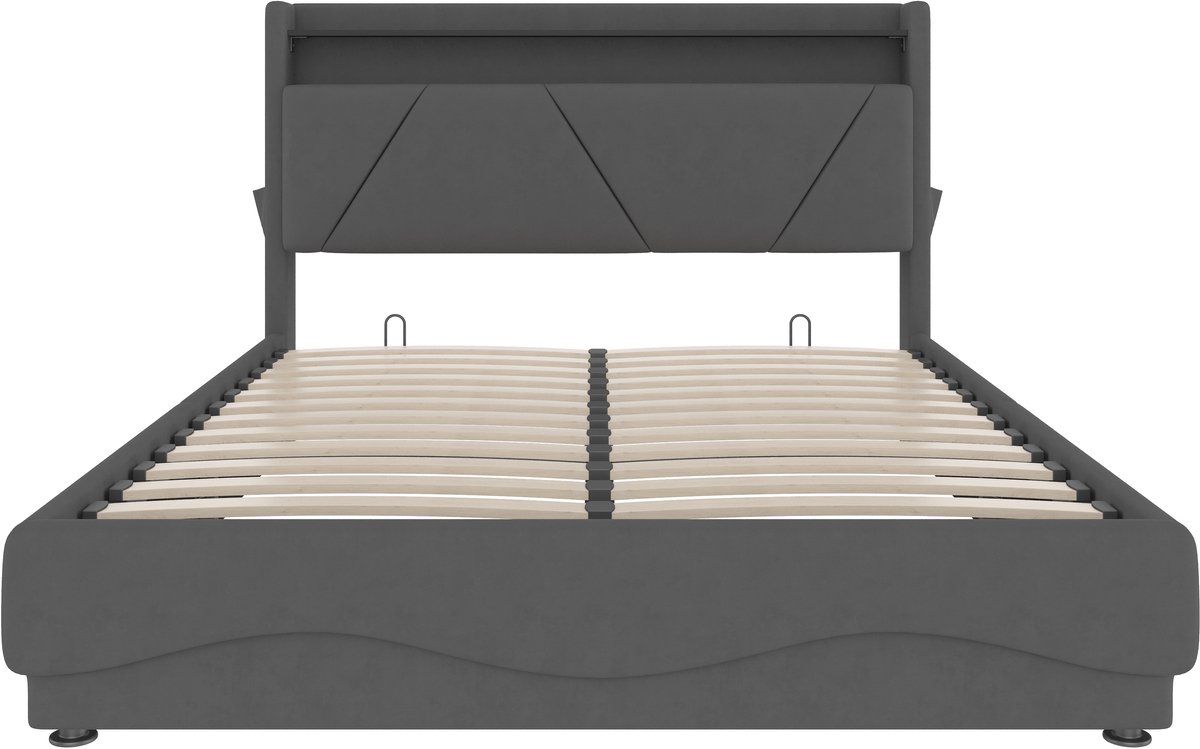 COVREO Bed met LED en opbergruimte – 160x200 cm – Tweepersoonsbed met USB – Bedframe met lattenbodem – Donkergrijs - zonder matras