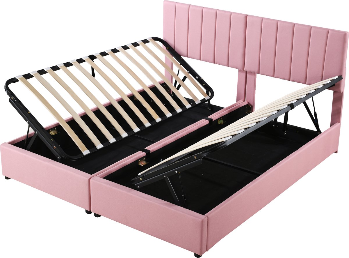 COVREO Bed 180x200 cm, roze stof, hydraulische opbergruimte, zonder matras