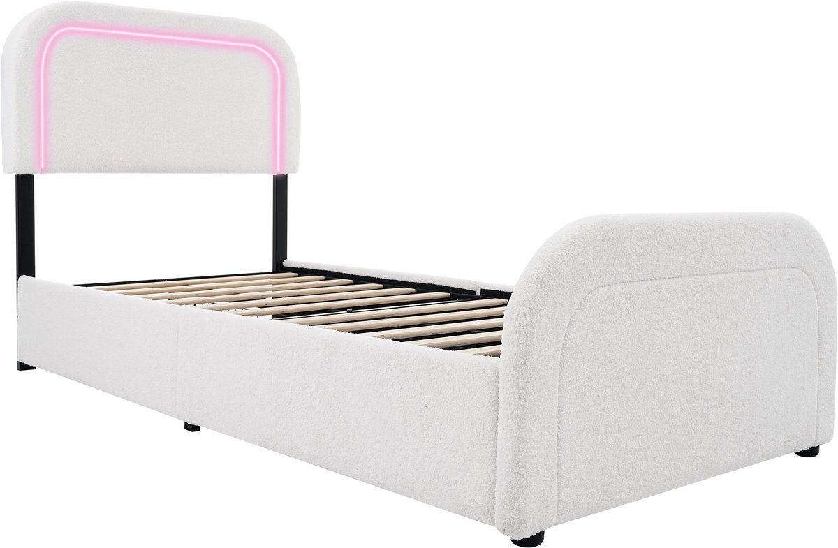 COVREO Bed 90x200 cm wit Sherpa, LED-verlichting, USB-C en 2 lades