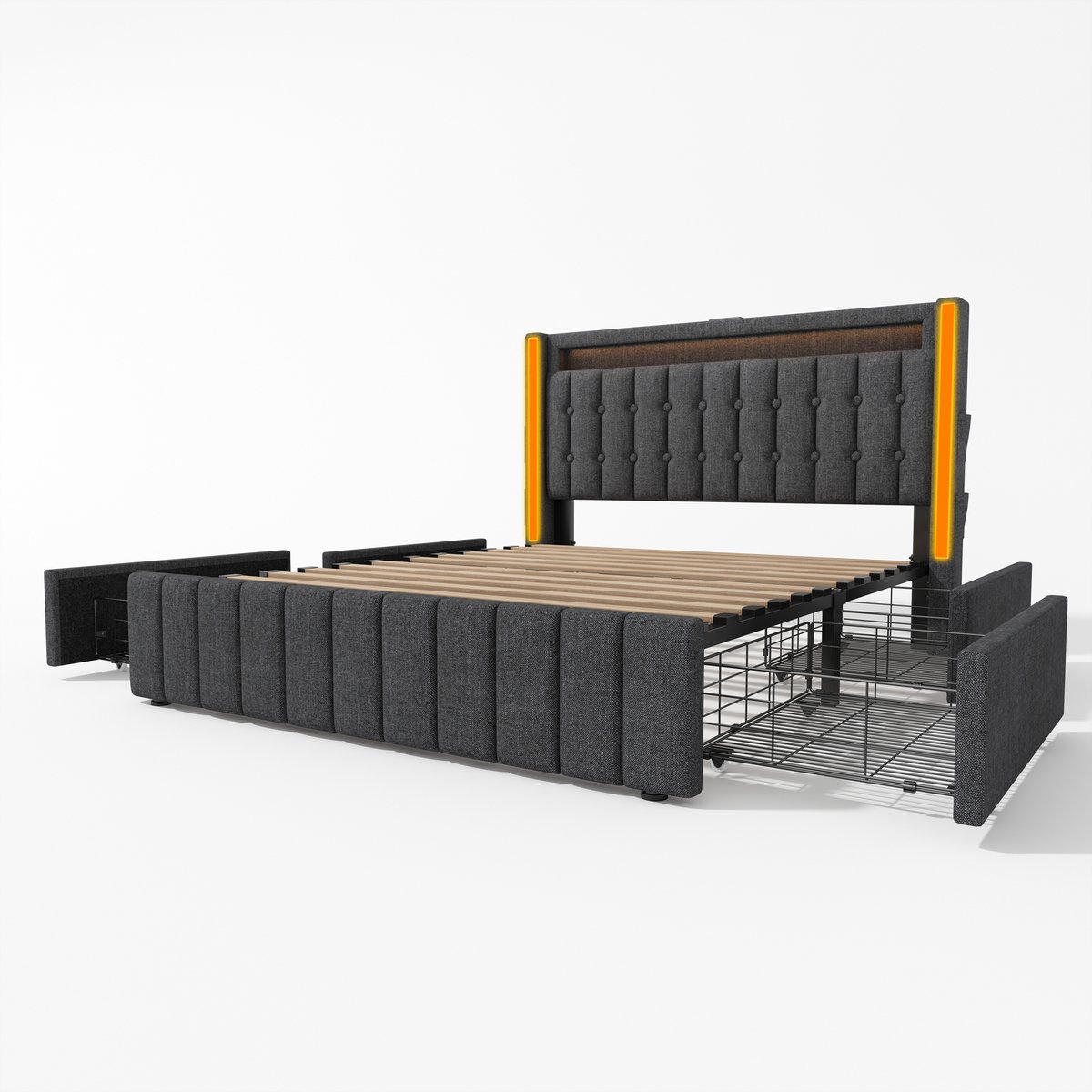 COVREO Bedframe 140x200 cm grijs met USB-C, LED en 4 lades