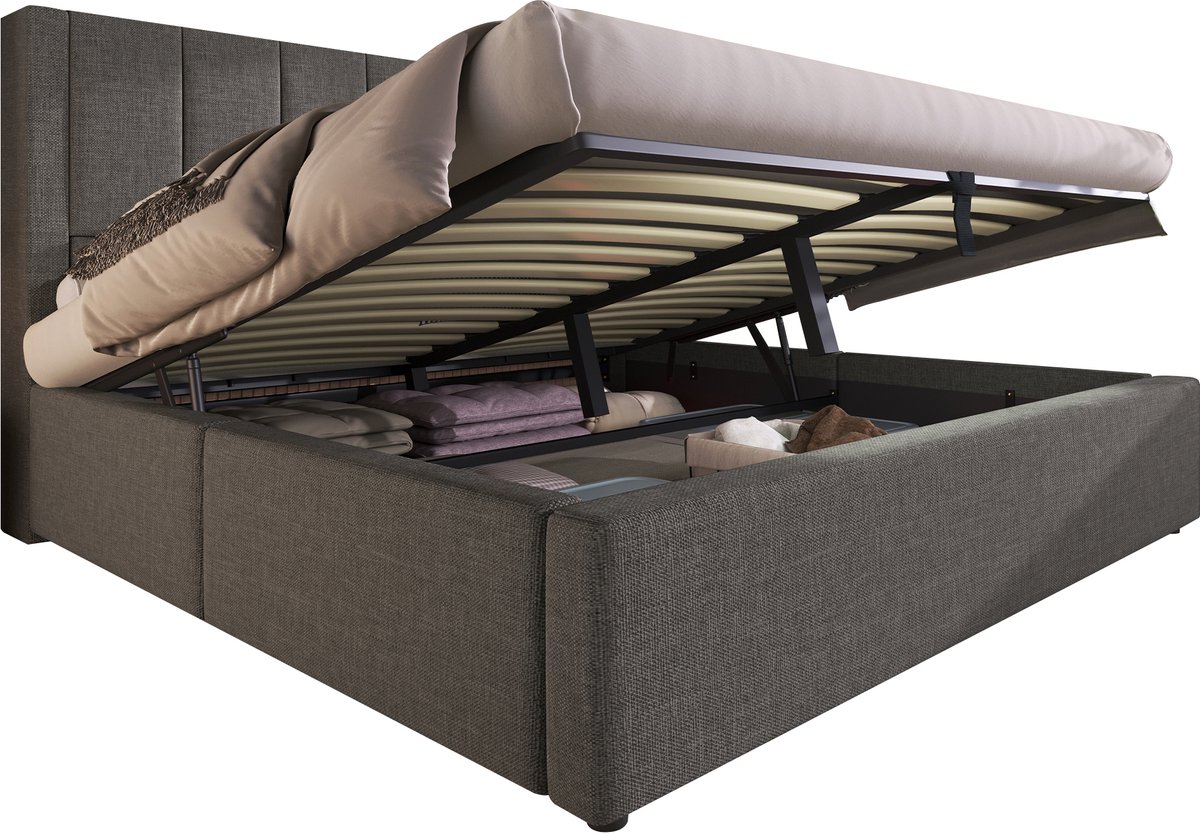COVREO Bedframe 160x200 cm grijs met opbergruimte, lattenrost, matras