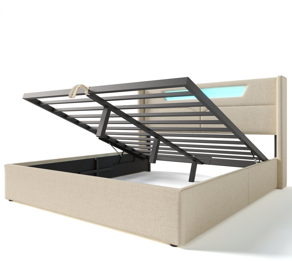 COVREO Bedframe 140x200 cm - beige stof, LED, opbergruimte, zonder matras
