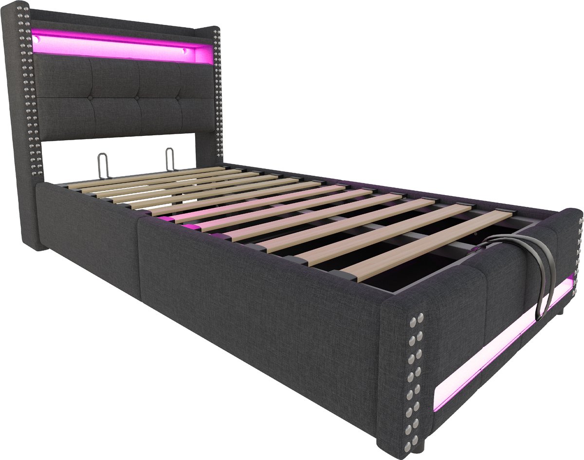 Gestoffeerd kinderbed van 90x200 cm met ledverlichting en USB-poort, hoofdeinde met plank 