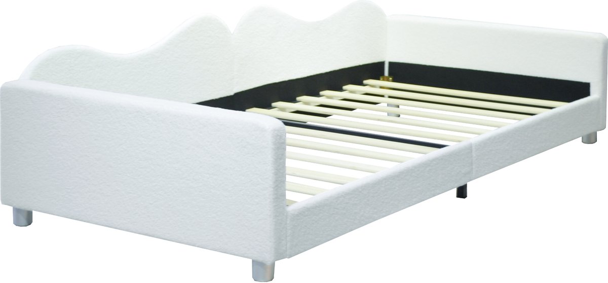 Gestoffeerd kinderbed, 90*200 cm, pluche slaapbankframe in teddybeerstijl, multifunctioneel gestoffeerd bed met rugleuning en armleuningen, geschikt voor tieners en gasten, wit.