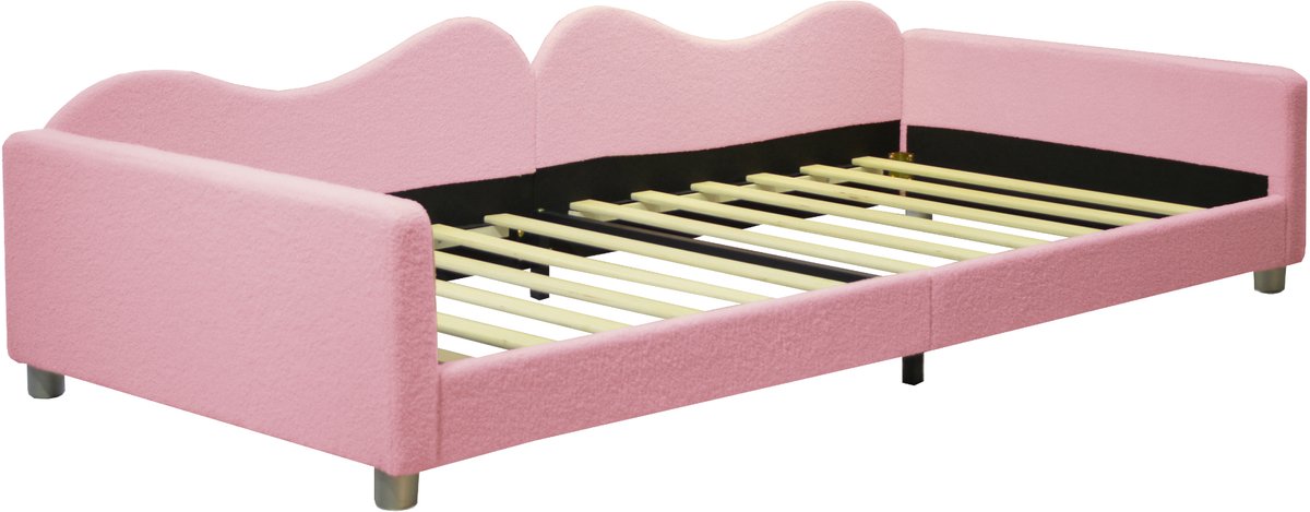 COVREO Kinderbed 90x200 cm roze stof met rugleuning en lattenbodem