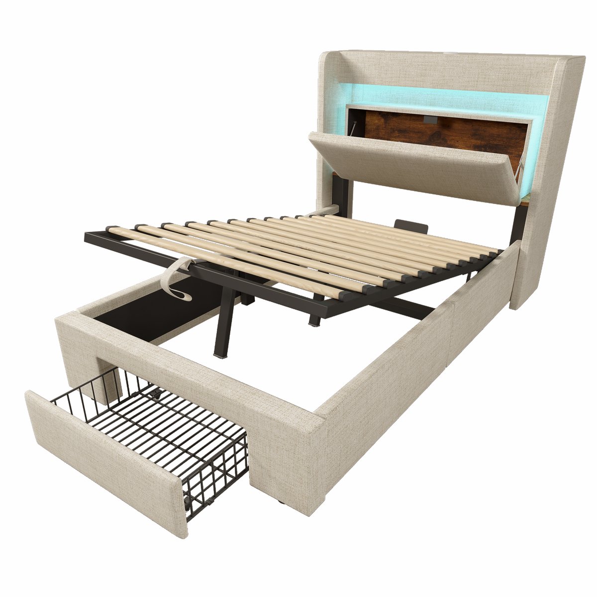 COVREO Gestoffeerd bed met opbergruimte – 90x200 cm – Bedframe van linen, hout en metaal – met LED en USB-C – Beige - met matras