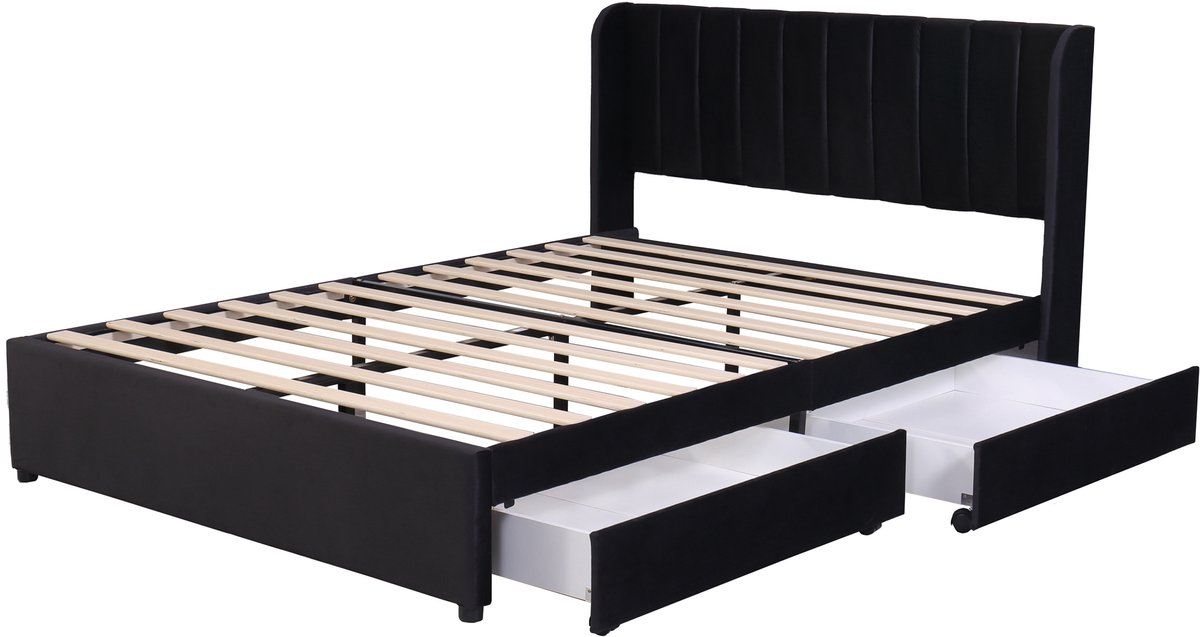 Een bed van 160 x 200 cm, bekleed met fluweel, met lattenbodem, hoofdbord en twee lades, in het zwart.