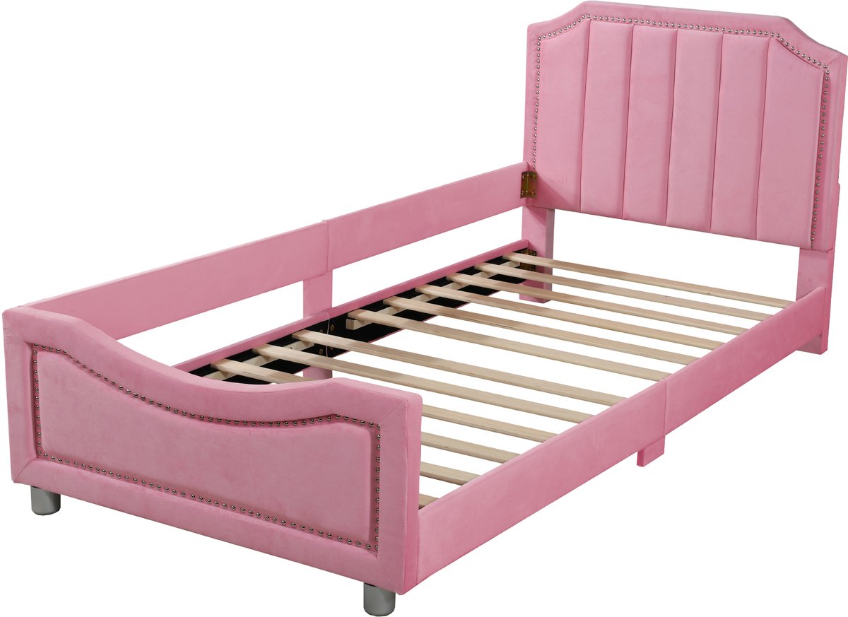 COVREO Kinderbed 90x200 cm - roze flanel, MDF en metaal, met lattenbodem