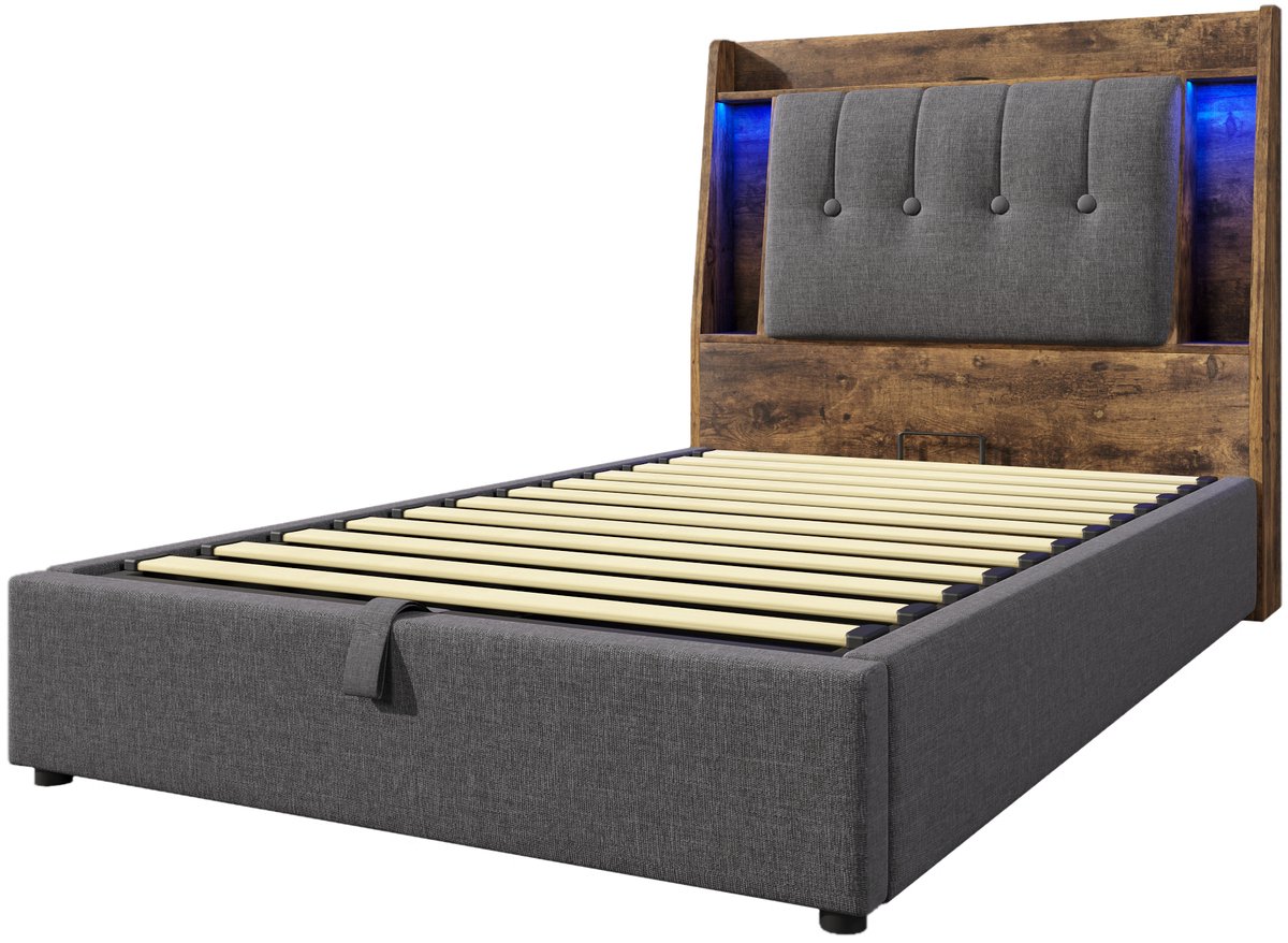 COVREO Bedframe 90x200 cm grijs, LED, USB-C, opbergruimte, zonder matras