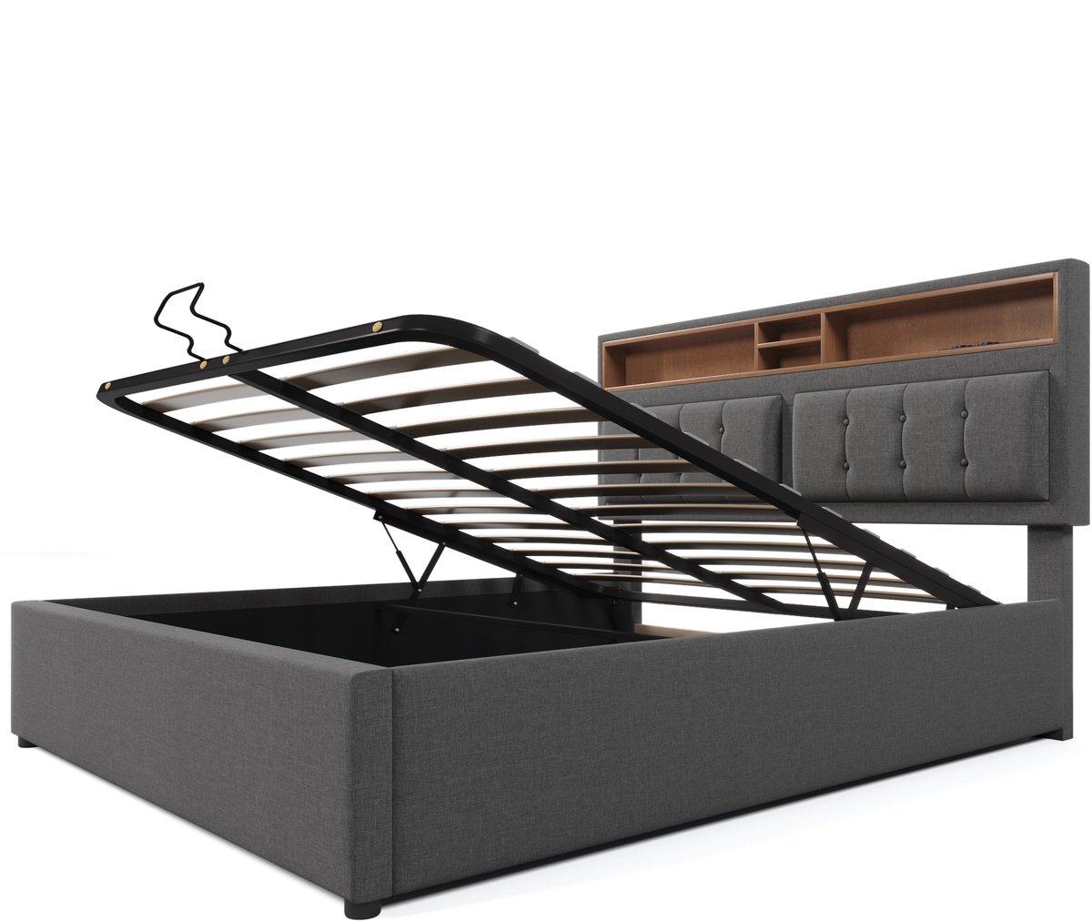 COVREO Bedframe 160x200 cm 163 cm grijs gestoffeerd, opbergruimte, zonder matras