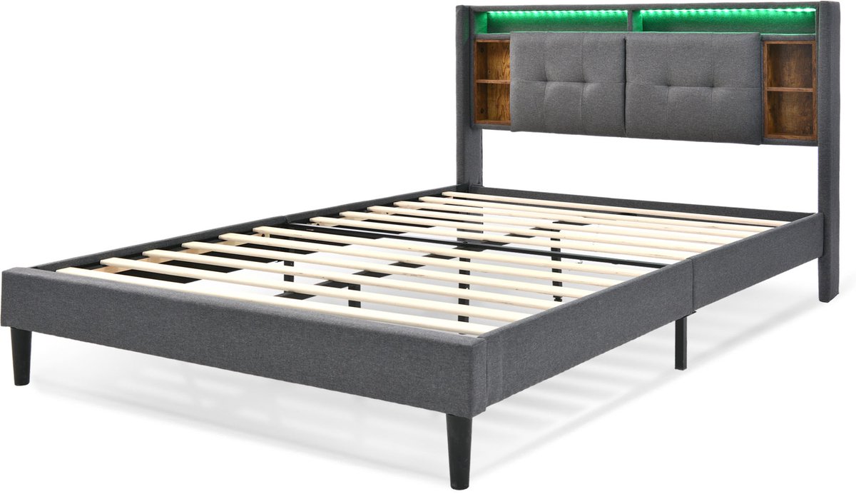 Gestoffeerd tweepersoonsbed met opbergruimte in het hoofdeinde, USB-oplaadpoort en ledverlichting, houten bedframe, lattenbodem, 160*200 cm, grijs (matras niet inbegrepen).