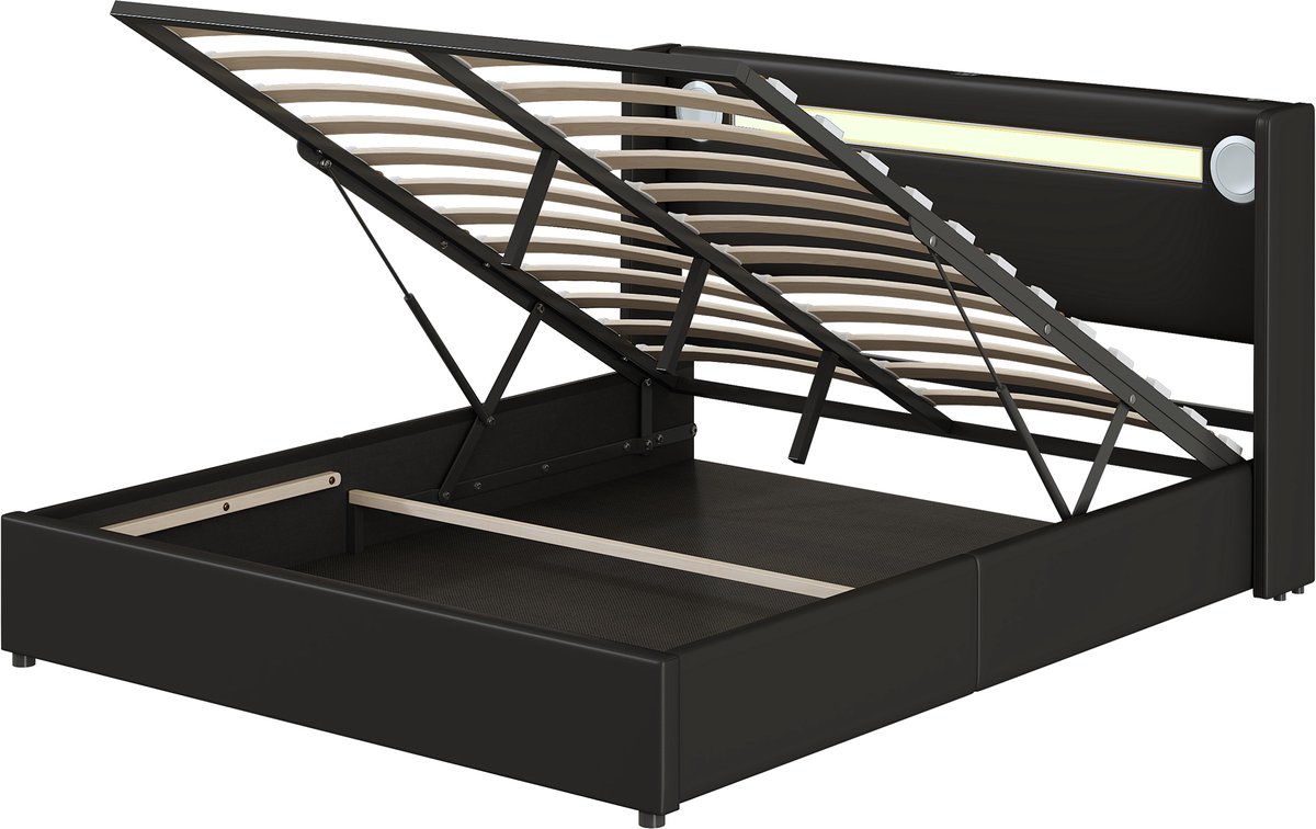 COVREO Bed 160x200 cm zwart kunstleer met opbergruimte zonder matras