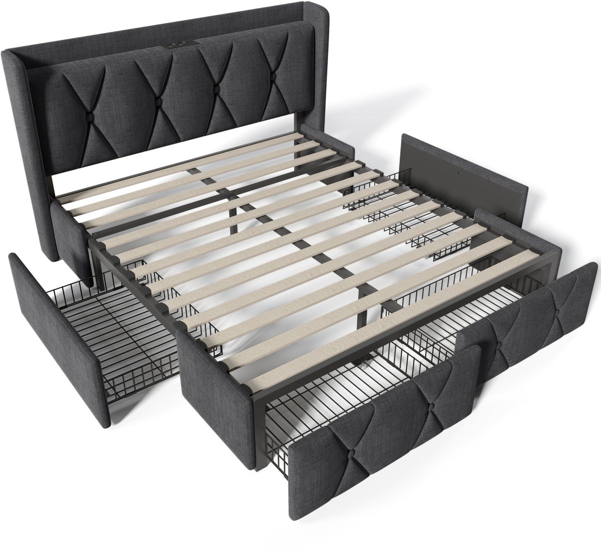 COVREO Bedframe 140x200 cm grijs, 4 lades, USB en stopcontact, zonder matras