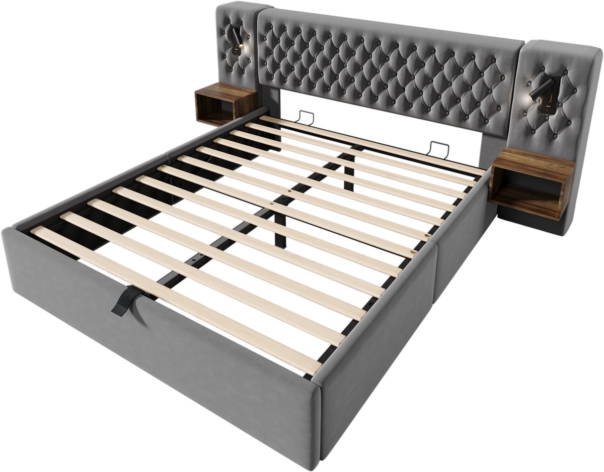 COVREO Slaapkamerbeddenset, gestoffeerd bed met hydraulische opbergruimte, tweepersoonsbed 160×200 cm, met 2 nachtkastjes, leeslampje naast het bed met USB-oplaadfunctie, grijs, fluweel (matras inbegrepen). Gris
