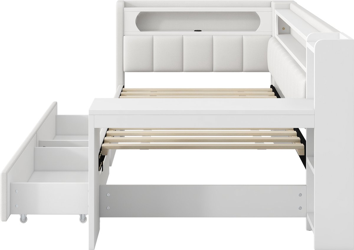 COVREO Bed 90x200 cm wit met USB en LED, bureau, 2 lades, zonder matras