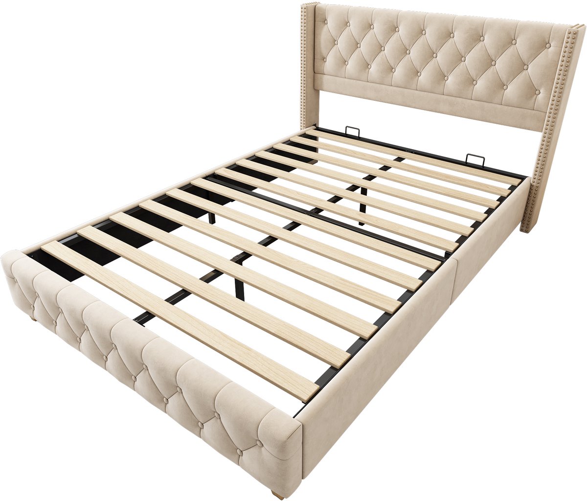 COVREO Bedframe 160x200 cm - hellbeige, stof, hoofdbord, zonder matras Light beige