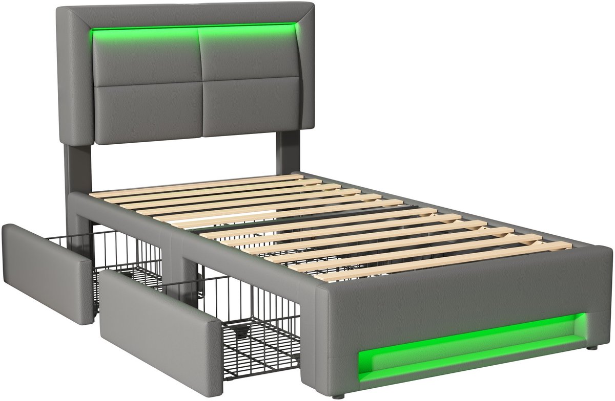 COVREO Bed 90x200 cm grijs kunstleer met LED en lades zonder matras