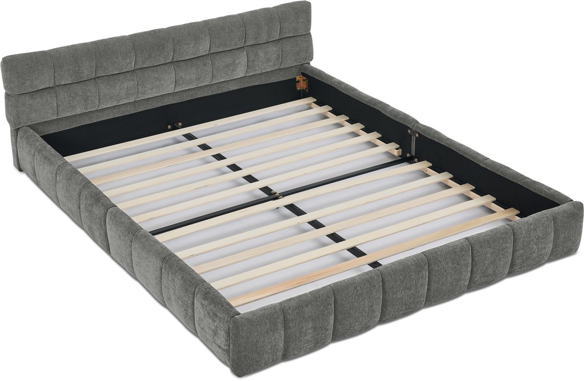 COVREO Tweepersoonsbed met chenille bekleding – 160x200 cm – Bedframe met houten en metalen constructie – voor slaapkamer en logeerkamer – Donkergrijs - zonder matras