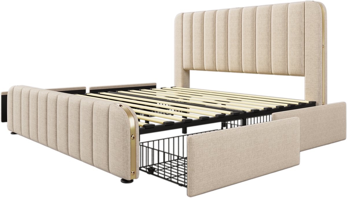 COVREO Gestoffeerd tweepersoonsbed met een gewatteerd hoofdeinde met gouden sierstrepen en USB Type-C-oplaadmogelijkheid. 180 x 200 cm, beige linnen stof, 4 lades, draagvermogen 226 kg (inclusief matras).