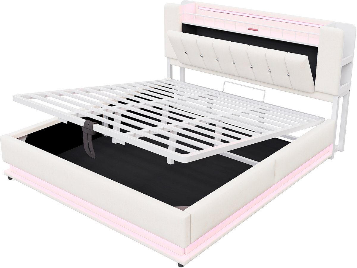 COVREO Bed 180x200 cm beige met LED en opbergruimte zonder matras