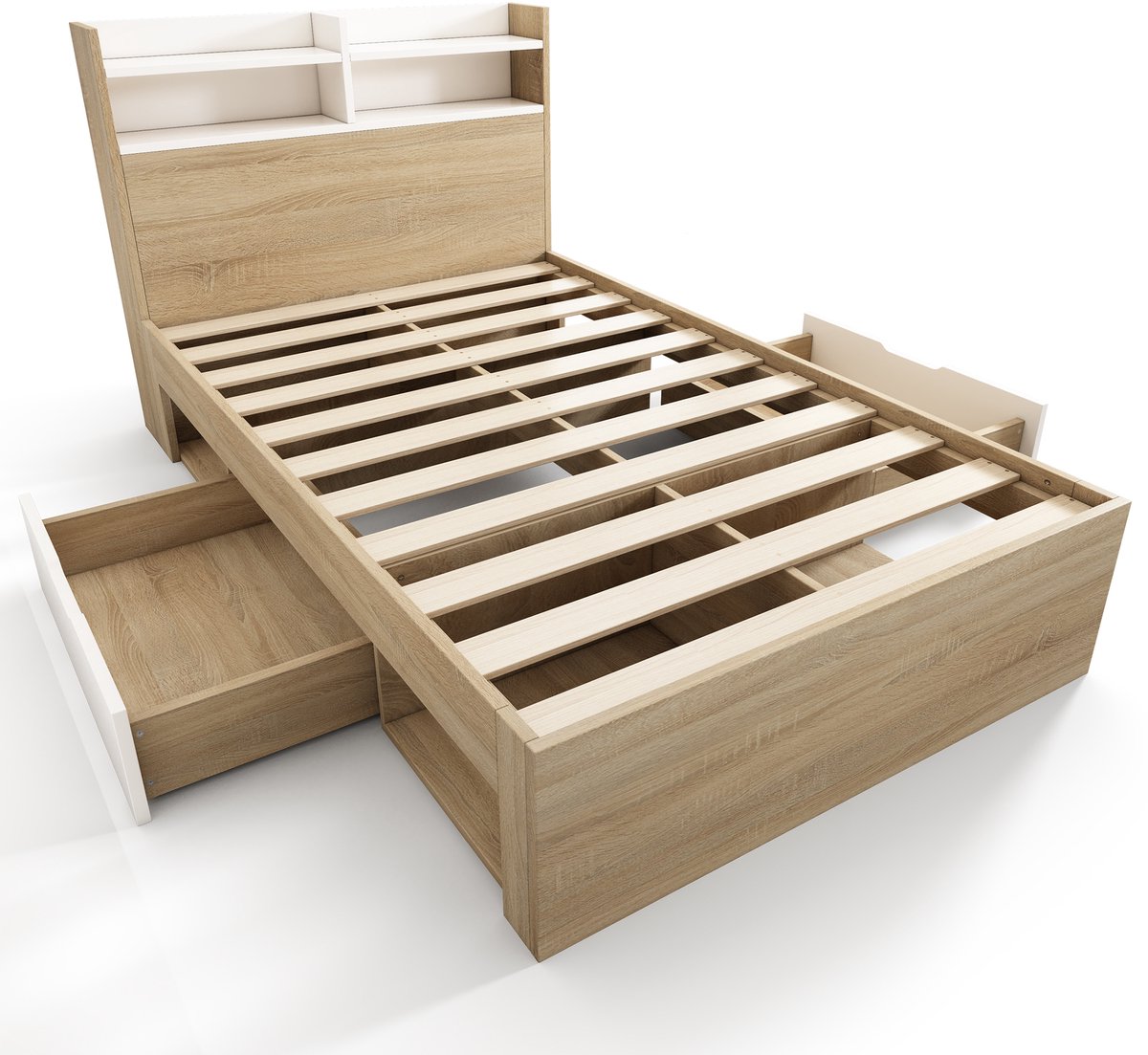 COVREO Bed 90x200 cm 224x94x90 cm wit eiken opbergruimte zonder matras White