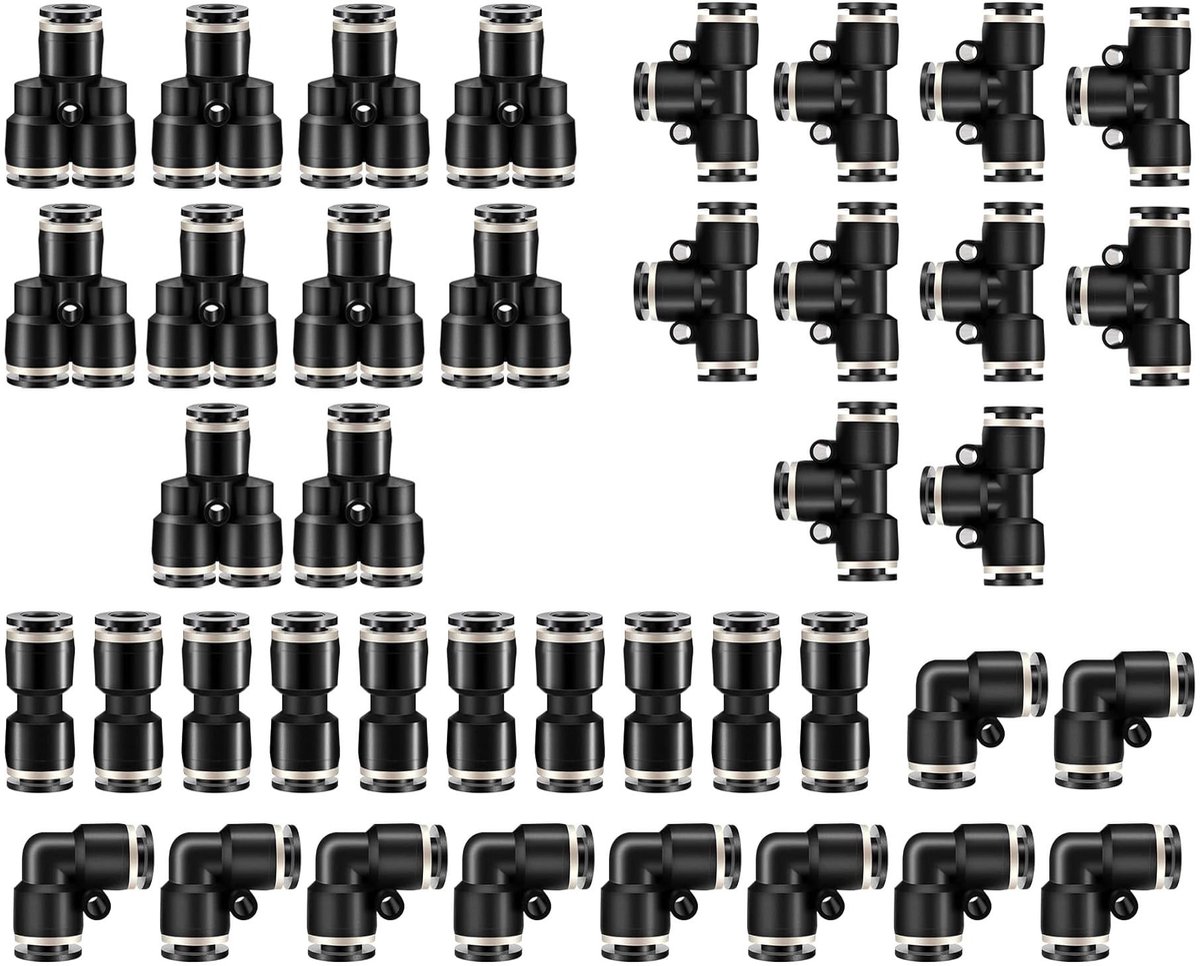 Dailygoods- Pneumatische Fittingen 40 Stuks - Push to Connect - T-vorm/Elleboog/Y-tak/Recht - Eenvoudige Installatie - Goede Afdichting - Sterk Kunststof - Luchtfittingen