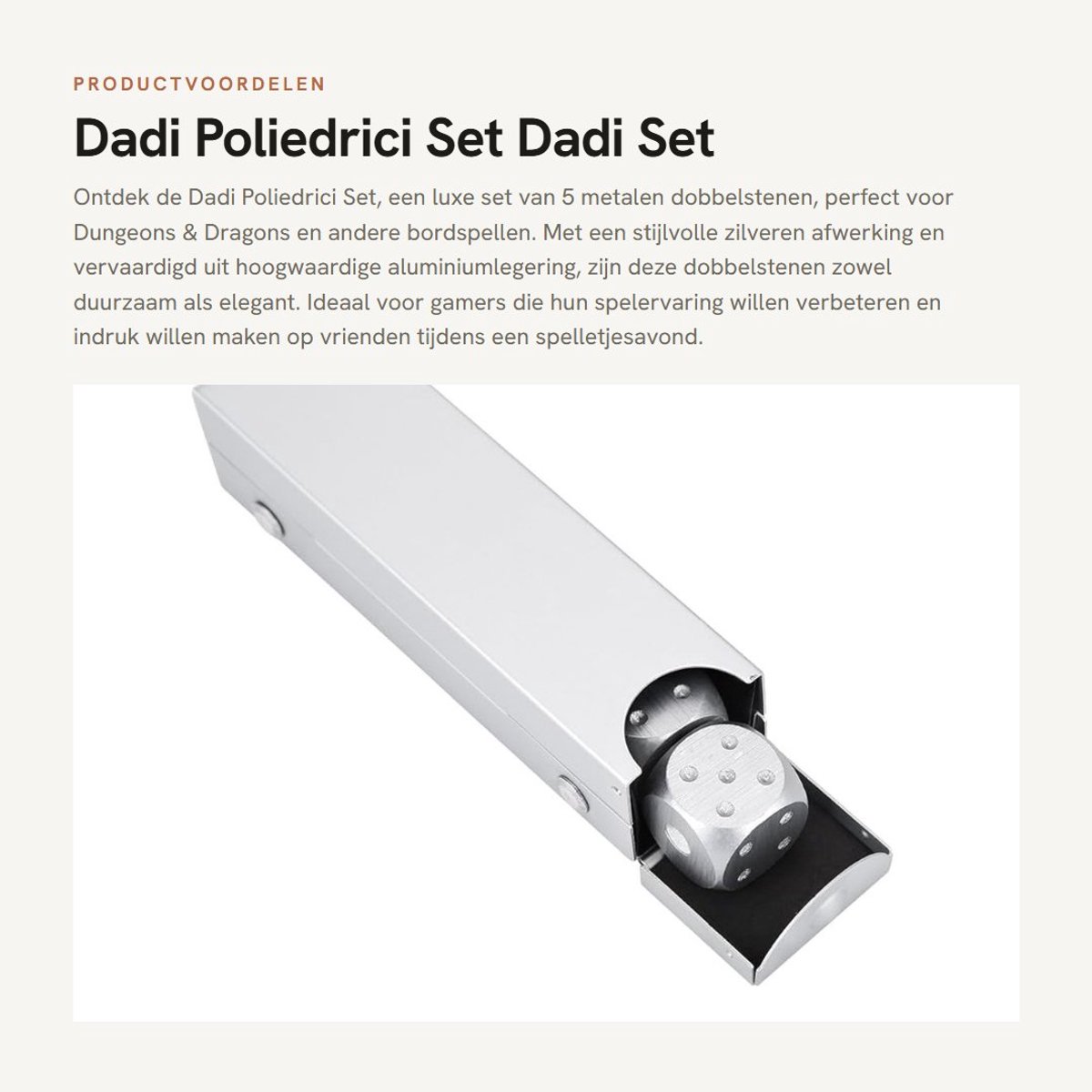 Dailygoods- Dadi Dobbelstenen Set - Aluminiumlegering - 5 Stuks - DND - Elegant en Duurzaam - Rechthoekige Doos 8,3 x 2,1 x 2,3 cm