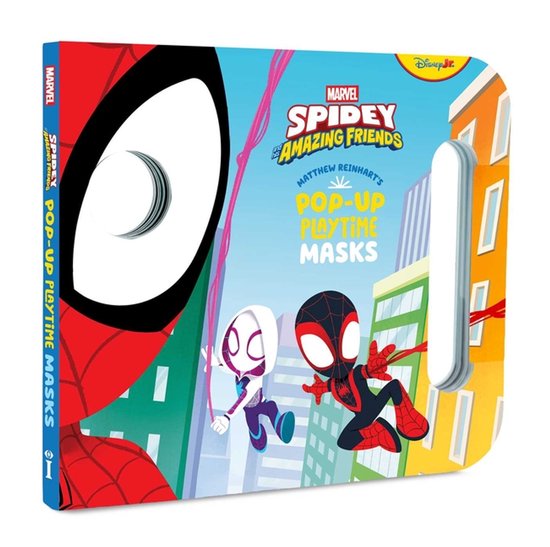 Spidey en zijn Amazing Friends Pop-Up Playtime Masks boek met Spidey, Ghost-Spider en Miles Morales op de voorkant.