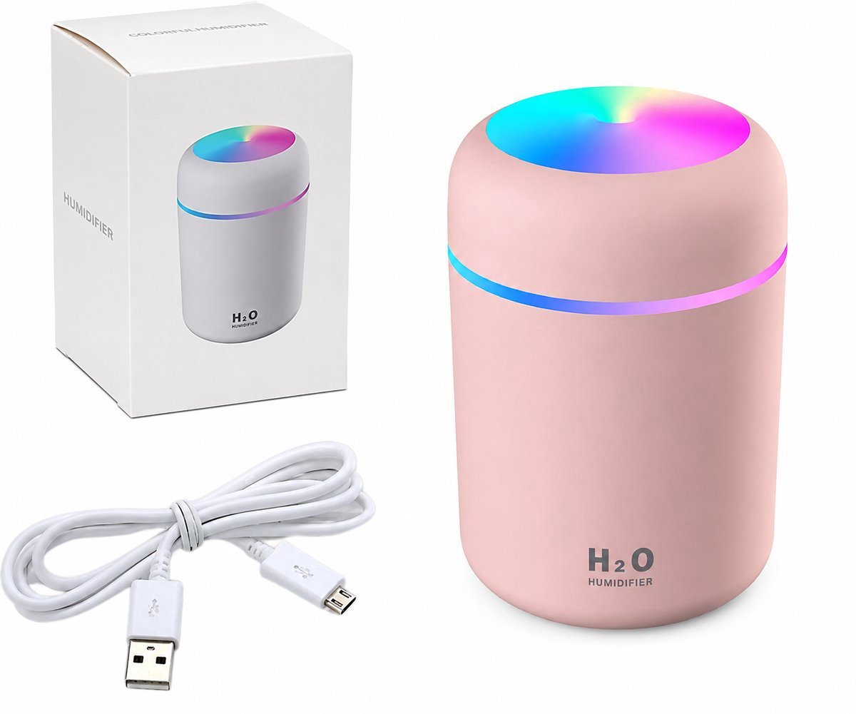 Mini Luchtbevochtiger USB 300 ml | Aroma Diffuser voor Etherische Olie | Fluisterstil 26 dB | 2 Mist-Standen | Nachtlampje | Slaapkamer & Auto | Roze