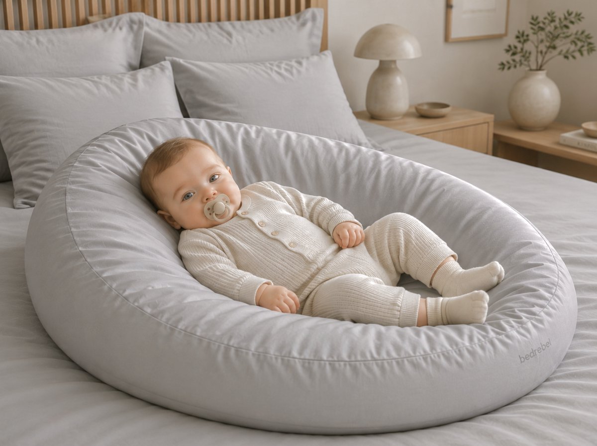 Bedrebel - Baby relax hoes voor voedingskussen zwangerschapskussen - 100% katoen satijn - grijs - Misty grey - anti doorzakken clip - baby relaxhoes