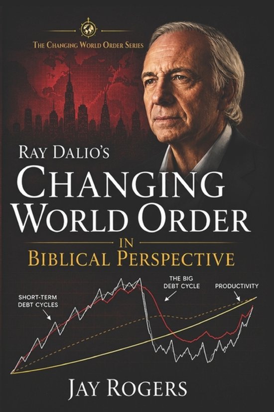 Boekomslag van 'Changing World Order in Biblical Perspective' van Ray Dalio. Met een portret van een man, stadsgezicht en grafieken over schuldcycli en productiviteit.