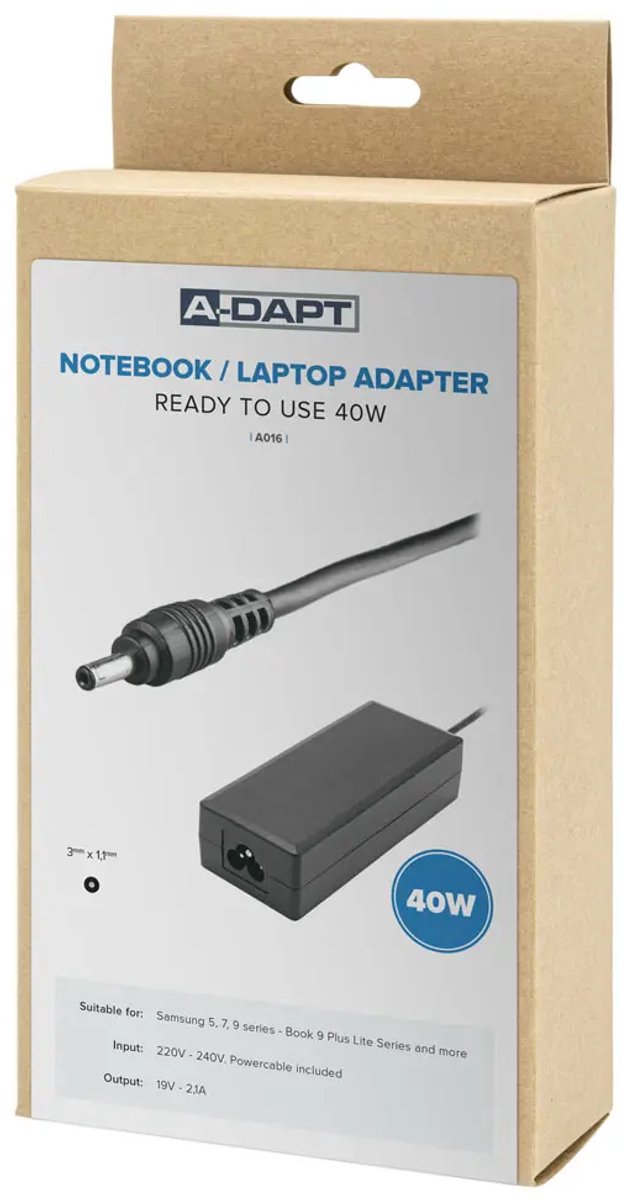 A-DAPT® laptopvoeding geschikt voor Samsung Ultrabook - 19V 2,1A 40W - 3,0 x 1,1 mm plug - 1-op-1 vervanging voor Samsung laptops