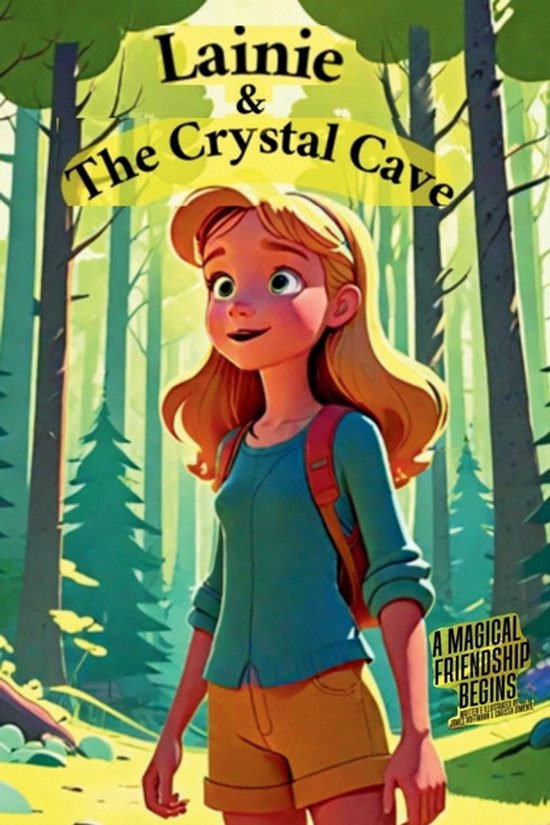 Lainie & The Crystal Cave: Een meisje met blond haar en een blauwe trui, staand in een bos. Tekst: A magical friendship begins.